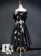 Black Knee Length Satin With Flowers Party Dress, Black Short Prom Dress Homecoming Dress