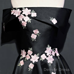 Black Knee Length Satin With Flowers Party Dress, Black Short Prom Dress Homecoming Dress