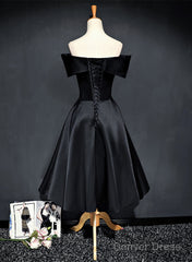 Black Knee Length Satin With Flowers Party Dress, Black Short Prom Dress Homecoming Dress