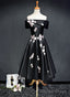 Black Knee Length Satin With Flowers Prom Dress, Black Short Prom Dress Homecoming Dresses