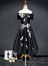 Black Knee Length Satin With Flowers Party Dress, Black Short Prom Dress Homecoming Dress