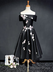 Black Knee Length Satin With Flowers Party Dress, Black Short Prom Dress Homecoming Dress