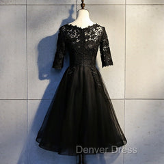 Black Lace and Tulle Short Sleeves Party Dresses Formal Dresses, Black Homecoming Dresses