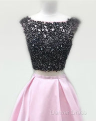 Black Lace Beaded Two Piece Satin Prom Dresses