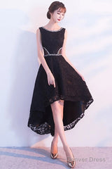 Black Lace High Low Beaded Short Party Dress, Black Homecoming Dress