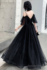 Black Lace Long A-Line Prom Dress, Black Off The Shoulder Evening Dress