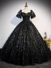 Black Lace Sequins Puff Sleeve Quinceanera Dress