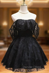 Black Lace Strapless Mini Homecoming Dresses