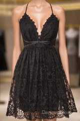 Black Lace Straps A-Line Short Party Dresses Lace Homecoming Dresses