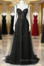 Black Lace Straps Beaded A-line Prom Dresses Party Dresses, Black Floor Length Formal Dresses