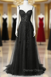 Black Lace Straps Beaded A-line Prom Dresses Party Dresses, Black Floor Length Formal Dresses