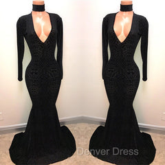 Black Lace V-Neck Prom Party Gowns| Mermaid Long-Sleeve Evening Gowns