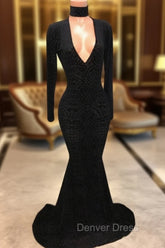 Black Lace V-Neck Prom Party Gowns| Mermaid Long-Sleeve Evening Gowns