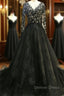Black Long A-Line V Neck Lace Tulle Wedding Dresses with Sleeves