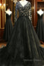 Black Long A Line V Neck Lace Tulle Wedding Dresses with Sleeves