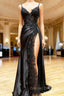 Black Long Satin with Lace Straps Long Prom Dress, Black Prom Dresses
