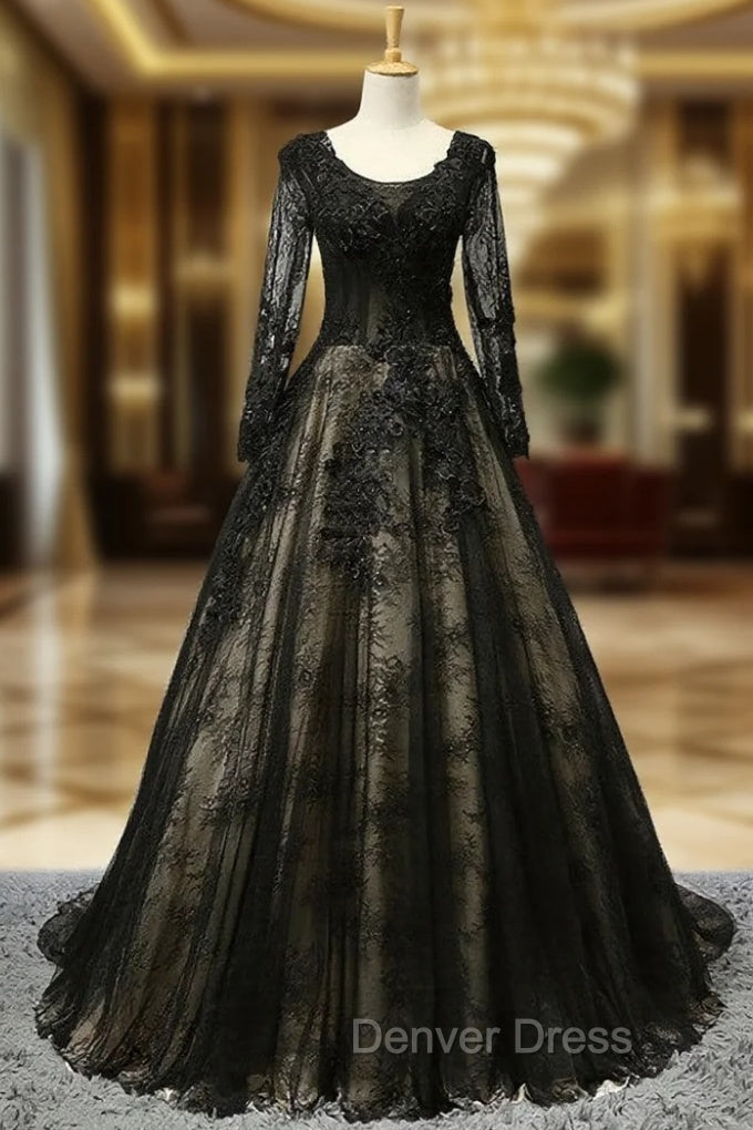 Black Long Sleeves Lace Prom Dress, Black Evening Gown – Denver Dress