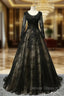 Black Long Sleeves Lace Prom Dresses, Black Prom Gowns