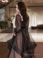 Black Long Sleeves Tulle Sweetheart Party Dress, A-Line Black Evening Dress Prom Dress