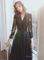 Black Long Sleeves V-Neckline Tulle With Lace Party Dress, Black Evening Party Dress