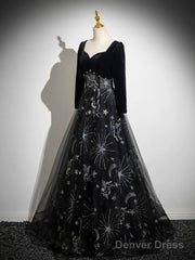 Black Long Sleeves Velet And Tulle Party Dress, Black Sweetheart Prom Dress