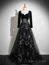 Black Long Sleeves Velet And Tulle Party Dress, Black Sweetheart Prom Dress