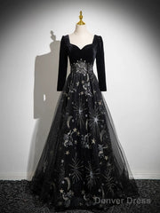 Black Long Sleeves Velet And Tulle Party Dress, Black Sweetheart Prom Dress