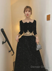 Black Long Sleeves Velvet A-Line Formal Dress, Black Floor Length Party Dress