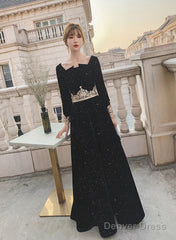 Black Long Sleeves Velvet A-Line Formal Dress, Black Floor Length Party Dress
