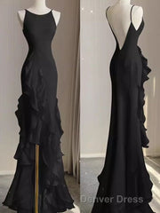 Black Mermaid Beach Wedding Dresses With Ruffles, Spaghetti Straps Backless Prom Gown