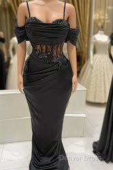 Black Mermaid Corset Prom Dresses Appliques Beaded