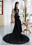 Black Mermaid Long Sleeves With Lace Wedding Prom Dress, Black Mermaid Prom Dresses