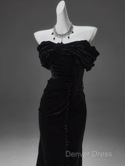 Black Mermaid Off-The-Shoulder Velvet Long Prom Dresses, Elegant Quinceanera Dresses