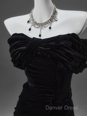 Black Mermaid Off-The-Shoulder Velvet Long Prom Dresses, Elegant Quinceanera Dresses