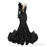 Black Mermaid One Sleeve Prom Dresses Sequined Lace Jewel Ruffles Evening Party Dress with Appliques