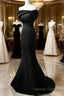 Black Mermaid Satin Off Shoulder Evening Dresses, Black Satin Prom Dresses