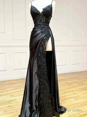 Black Mermaid Satin Spaghetti Sraps Prom Dress