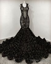 Black Mermaid Sequin Rosette Prom Dresses