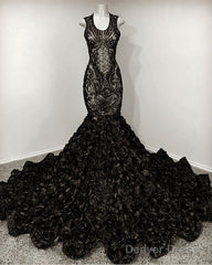 Black Mermaid Sequin Rosette Prom Dresses