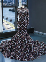 Black Mermaid Sequins High Neck Long Sleeve Backless Prom Dress