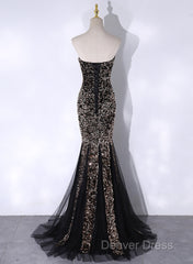 Black Mermaid Sequins Long Prom Dresses, Black Evening Dresses Party Dresses