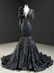 Black Mermaid Sequins Long Sleeve Ruffls Long Prom Dress