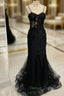 Black Mermaid Spaghetti Straps Flower Prom Dresses