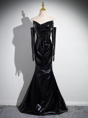 Black Mermaid Strapless Long Sleeve Pleats Prom Dress