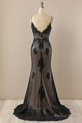 Black Mermaid V-neckline Straps Lace Party Dress, Black Mermaid Prom Dress