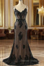 Black Mermaid V Neckline Straps Lace Prom Dress, Black Mermaid Prom Dresses