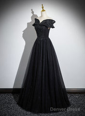 Black Off Shoulder A-Line Tulle With Lace Party Dress, Black Long Prom Dress