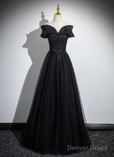 Black Off Shoulder A-Line Tulle With Lace Party Dress, Black Long Prom Dress