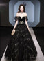 Black Off Shoulder Beaded Sweetheart Tulle Prom Dress, Black Prom Dresses