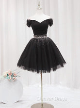 Black Off Shoulder Beaded Tulle Short Prom Dresses, Black Homecoming Dresses Formal Dresses
